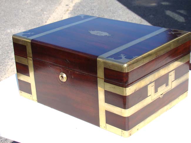 A fine Antique English brass mounted mahogany Dressing Box by "L.Leuchers, Maker to Her Majesty" circa 1830-1840.